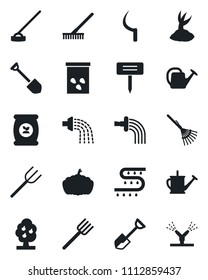 Set of vector isolated black icon - job vector, shovel, farm fork, rake, watering can, sproute, hoe, sickle, plant label, pumpkin, seeds, fertilizer, drip irrigation, fruit tree