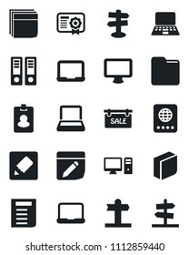 Set of vector isolated black icon - passport vector, office binder, notebook pc, document, signpost, monitor, folder, notes, blank box, sale, pass card, certificate, guidepost