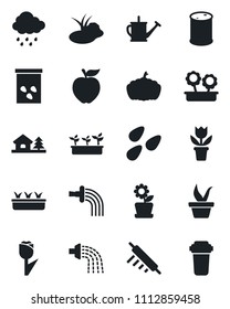 Set of vector isolated black icon - flower in pot vector, seedling, watering can, rain, pumpkin, seeds, pond, tulip, oil barrel, house with tree, rolling pin, apple fruit, water filter