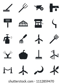 Set of vector isolated black icon - fence vector, garden fork, farm, rake, wheelbarrow, well, sickle, plant label, pumpkin, greenhouse, sprayer, drip irrigation, windmill