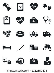 Set of vector isolated black icon - bed vector, heart pulse, doctor case, stethoscope, blood pressure, pills, scalpel, tomography, ambulance car, broken bone, clipboard, hospital