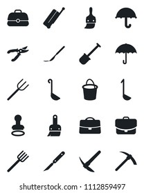 Set of vector isolated black icon - suitcase vector, stamp, shovel, farm fork, bucket, pruner, scalpel, umbrella, themes, case, ladle, hard work