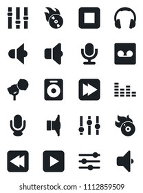 Set of vector isolated black icon - flame disk vector, microphone, speaker, settings, equalizer, headphones, play button, stop, fast forward, rewind, tuning, record, sound