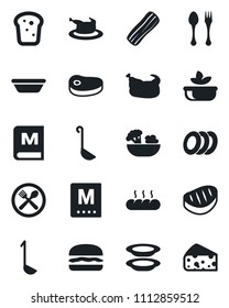 Set of vector isolated black icon - spoon and fork vector, cafe, menu, salad, plates, bacon, bread, chicken, steak, hamburger, ladle, bowl, cheese