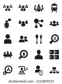 Set of vector isolated black icon - spoon and fork vector, train, checkroom, speaking man, team, meeting, patient, group, user, hr, client search, consumer, social media, hierarchy