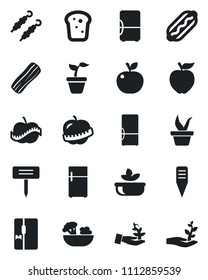 Set of vector isolated black icon - seedling vector, plant label, diet, fridge, salad, bacon, bread, kebab, hot dog, apple fruit, palm sproute