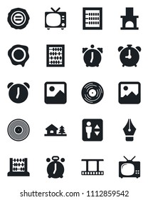 Set of vector isolated black icon - elevator vector, alarm clock, tv, abacus, stamp, fireplace, film frame, vinyl, gallery, ink pen, house with tree