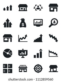 Set of vector isolated black icon - shop vector, checkroom, growth statistic, money bag, crisis graph, store, monitor statistics, pie, hr, target, consumer search, arrow up, presentation, storefront