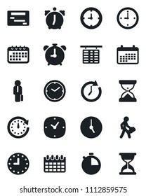 Set of vector isolated black icon - alarm clock vector, flight table, calendar, stopwatch, manager, schedule, sand