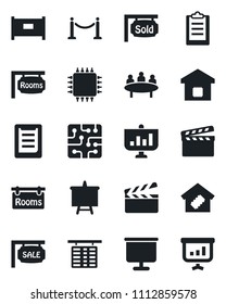 Set of vector isolated black icon - fence vector, flight table, presentation board, meeting, clipboard, clapboard, sale, rooms, sold signboard, smart home, chip