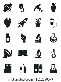 Set of vector isolated black icon - satellite antenna vector, book, dropper, microscope, ampoule, real heart, joint, virus, sd, thermometer, rocket, flask