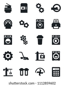 Set of vector isolated black icon - coffee machine vector, washer, gear, ripper, lawn mower, tomography, printer, copier, crane, water filter, combination lock