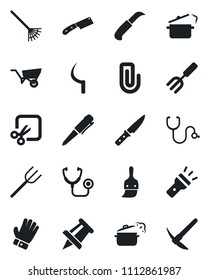 Set of vector isolated black icon - pen vector, drawing pin, garden fork, farm, rake, wheelbarrow, glove, sickle, knife, stethoscope, themes, torch, cut, paper clip, steaming pan, hard work