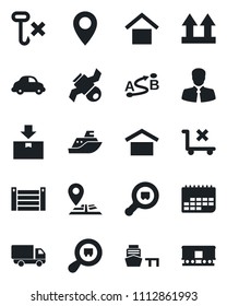 Set of vector isolated black icon - navigation vector, pin, satellite, client, sea shipping, car delivery, term, port, container, warehouse storage, up side sign, no trolley, hook, package, route