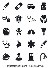 Set of vector isolated black icon - baby vector, medical room, bird house, stethoscope, blood pressure, dropper, pills bottle, patch, tomography, ambulance star, car, heart hand, stomach, lungs