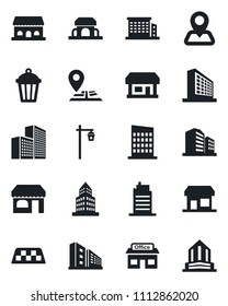 Set of vector isolated black icon - taxi vector, shop, office building, garden light, navigation, store, city house, cafe, storefront