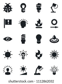 Set of vector isolated black icon - sun vector, bulb, lady bug, fire, eye, important flag, brightness, desk lamp, water, energy saving, shining head, idea