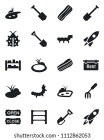 Set of vector isolated black icon - job vector, garden fork, shovel, lady bug, caterpillar, pond, rack, rent, bacon, open close, rocket