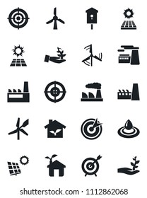 Set of vector isolated black icon - factory vector, bird house, target, sun panel, windmill, eco, water, palm sproute