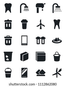 Set of vector isolated black icon - trash bin vector, shower, bucket, tooth, mobile, blank box, water supply, bathroom, serviette, filter, windmill