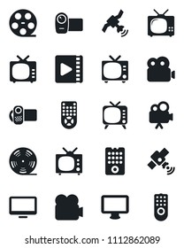 Set of vector isolated black icon - tv vector, reel, satellite, video camera, remote control, monitor