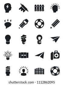 Set of vector isolated black icon - automatic door vector, brainstorm, bulb, camera, pencil, fence, rolling pin, energy saving, shining head, idea, paper plane, crisis management