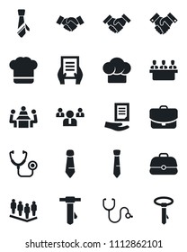 Set of vector isolated black icon - handshake vector, team, tie, document, stethoscope, meeting, cook hat, case