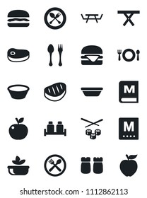 Set of vector isolated black icon - spoon and fork vector, picnic table, cafe, menu, salad, salt pepper, steak, hamburger, bowl, sushi, apple fruit