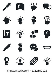 Set of vector isolated black icon - speaking man vector, pen, brainstorm, bulb, dialog, wine card, hot dog, energy saving, shining head, idea