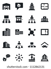 Set of vector isolated black icon - hierarchy vector, well, molecule, hospital, office building, garage, plan, home message