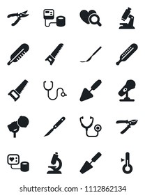 Set of vector isolated black icon - trowel vector, pruner, saw, stethoscope, blood pressure, thermometer, heart diagnostic, microscope, scalpel, microphone