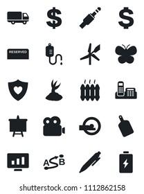 Set of vector isolated black icon - dollar sign vector, pen, presentation board, statistic monitor, sproute, butterfly, dropper, tomography, heart shield, car delivery, route, jack connector, video