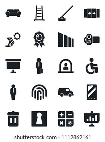 Set of vector isolated black icon - automatic door vector, female, reception, manager, mobile phone, calculator, medal, presentation board, ladder, hoe, disabled, sorting, video camera, trash bin
