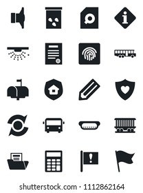 Set of vector isolated black icon - airport bus vector, pencil, seeds, heart shield, railroad, important flag, speaker, fingerprint id, update, document folder, search, calculator, contract, mailbox