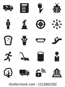 Set of vector isolated black icon - escalator vector, manager, hierarchy, pedestal, document, flower in pot, tree, lawn mower, lady bug, run, car delivery, tulip, oil barrel, target, moving, waiter