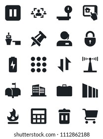 Set of vector isolated black icon - lock vector, case, drawing pin, fire, sea port, sorting, heavy scales, antenna, pause button, menu, calculator, data exchange, charge, hr, support, mailbox, cart