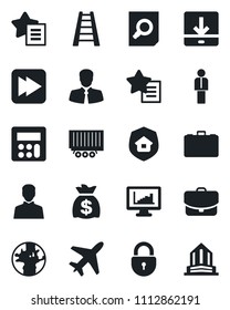 Set of vector isolated black icon - plane vector, lock, manager, case, document search, money bag, ladder, earth, client, truck trailer, favorites list, fast forward, user, calculator, download