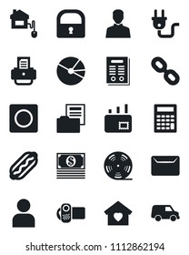 Set of vector isolated black icon - printer vector, reel, video camera, chain, user, record, lock, pie graph, document folder, contract, mail, sweet home, hot dog, control, power plug, cash, car