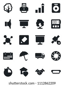 Set of vector isolated black icon - umbrella vector, growth statistic, presentation board, printer, tree, molecule, satellite, car delivery, speaker, mobile camera, stopwatch, notes, calendar