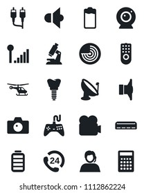 Set of vector isolated black icon - camera vector, radar, helicopter, microscope, implant, 24 hours, support, satellite antenna, speaker, gamepad, video, battery, rca, cellular signal, web