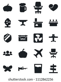 Set of vector isolated black icon - boarding vector, butterfly, pumpkin, fireplace, plane, shield, heart, office chair, meeting, fruit tree, sale, table, restaurant, drink, beer, fan, group