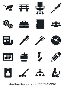 Set of vector isolated black icon - farm fork vector, rake, wheelbarrow, bench, calendar, copybook, pie graph, news, identity card, tie, copier, hierarchy, pencil, pen, group, gear, office chair