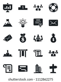 Set of vector isolated black icon - team vector, meeting, office building, group, motivation, money bag, pennon, idea, schedule, crisis management, certificate, mail, pedestal, presentation