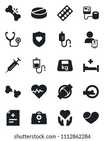 Set of vector isolated black icon - heart pulse vector, doctor case, diagnosis, stethoscope, syringe, blood pressure, dropper, pills, blister, tomography, shield, hospital bed, hand, joint, patient