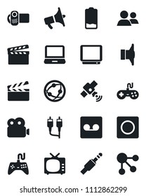 Set of vector isolated black icon - clapboard vector, satellite, speaker, loudspeaker, tv, gamepad, video camera, network, laptop pc, group, low battery, rca, jack connector, record, social media