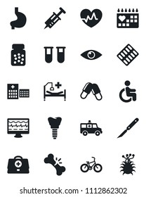 Set of vector isolated black icon - heart pulse vector, monitor, doctor case, syringe, blood test vial, pills, bottle, blister, scalpel, ambulance car, bike, hospital bed, disabled, stomach, implant