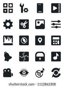 Set of vector isolated black icon - phone back vector, gallery, settings, tuning, calculator, bell, scanner, cut, place tag, compass, lock, eye id, music, video, application, root setup, update