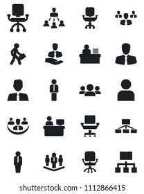 Set of vector isolated black icon - manager vector, office chair, place, client, user, company, desk, hierarchy, estate agent, group