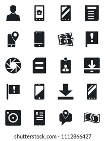Set of vector isolated black icon - mobile phone vector, identity card, document, important flag, cash, tracking, cell, camera, user, download, restaurant receipt, home control app