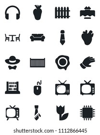Set of vector isolated black icon - cafe vector, abacus, mouse, tie, stamp, fence, glove, real heart, cargo container, tulip, tv, headphones, cushioned furniture, restaurant table, dress code, chip